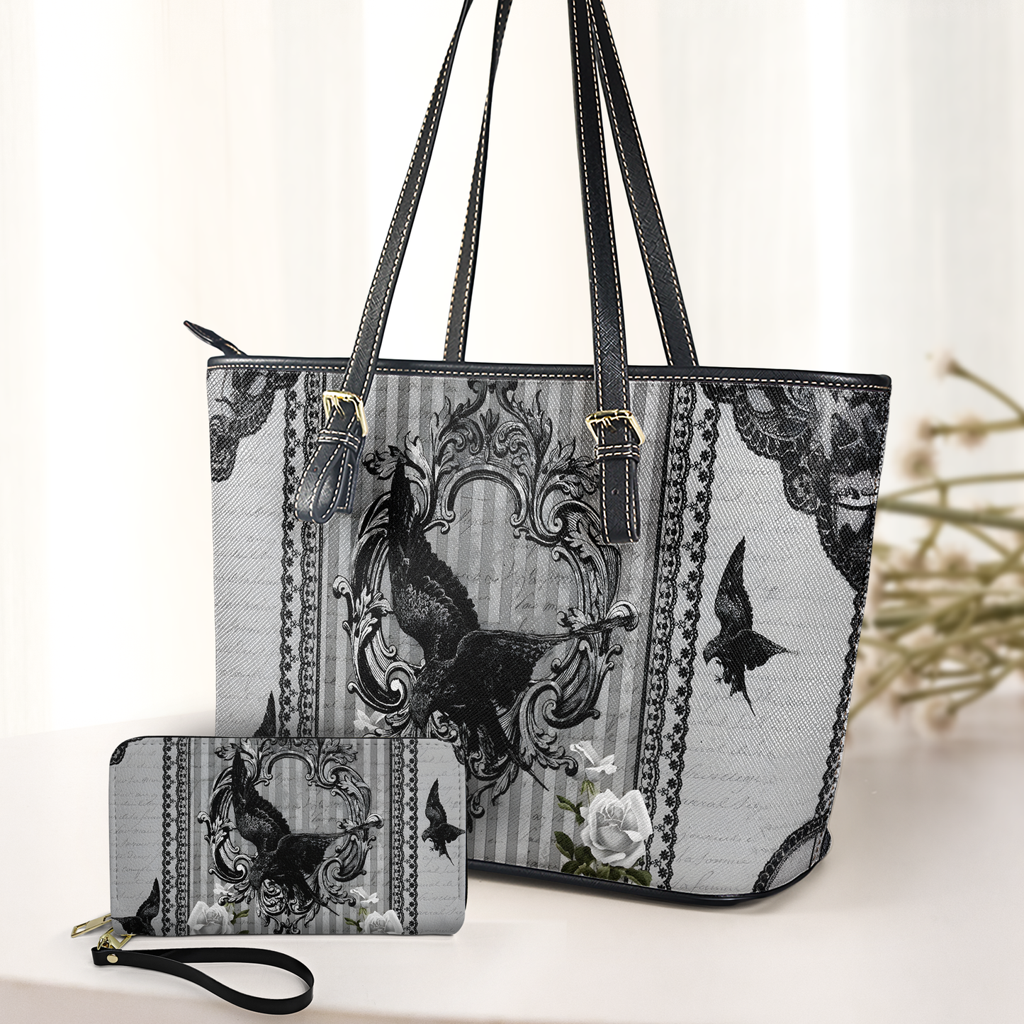 The Raven Gothic Leather Handbag & Wallet Set – Whispers of Poe’s Midnight