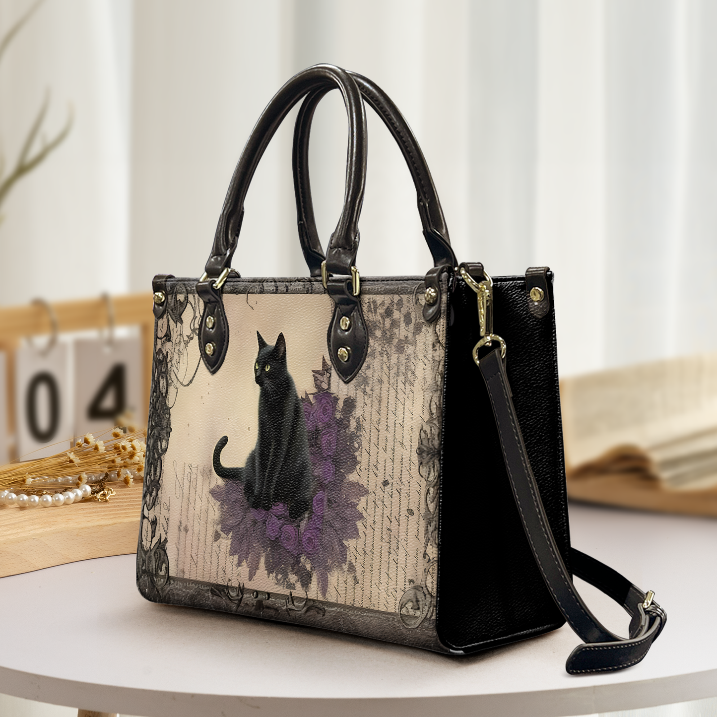 Mystic Black Cat Leather Handbag & Wallet Set