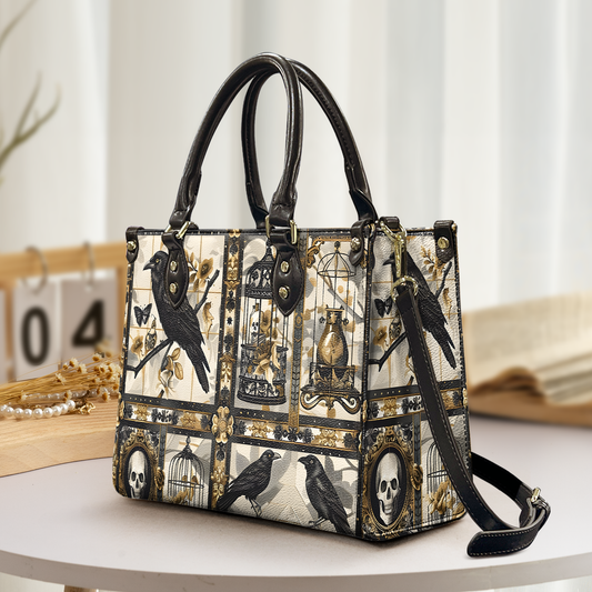 Gothic Raven & Vintage Cage Leather Handbag with Wallet – Dark Elegance Tote