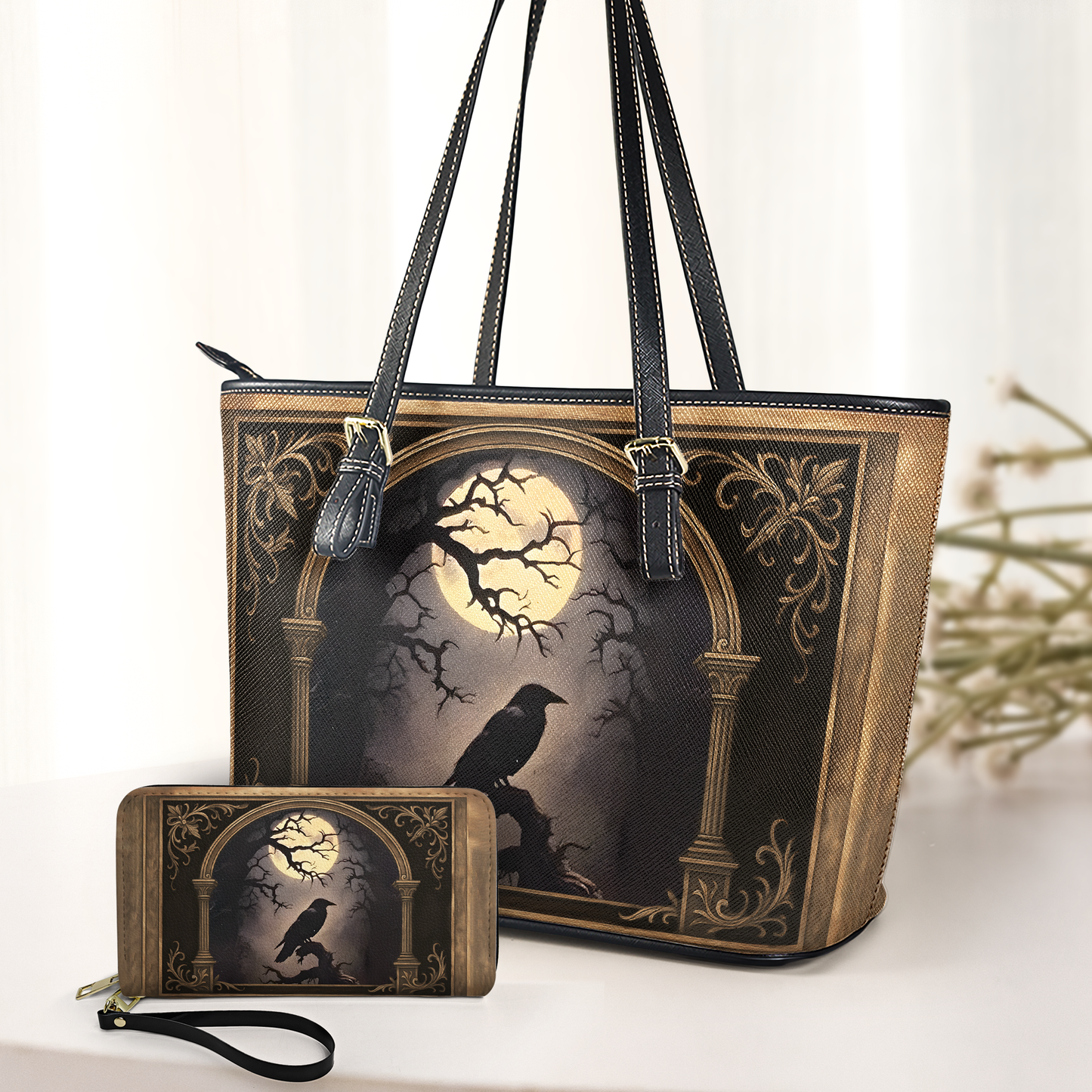 Raven Grimoire Leather Journal – Gothic Leather Handbag & Wallet Set
