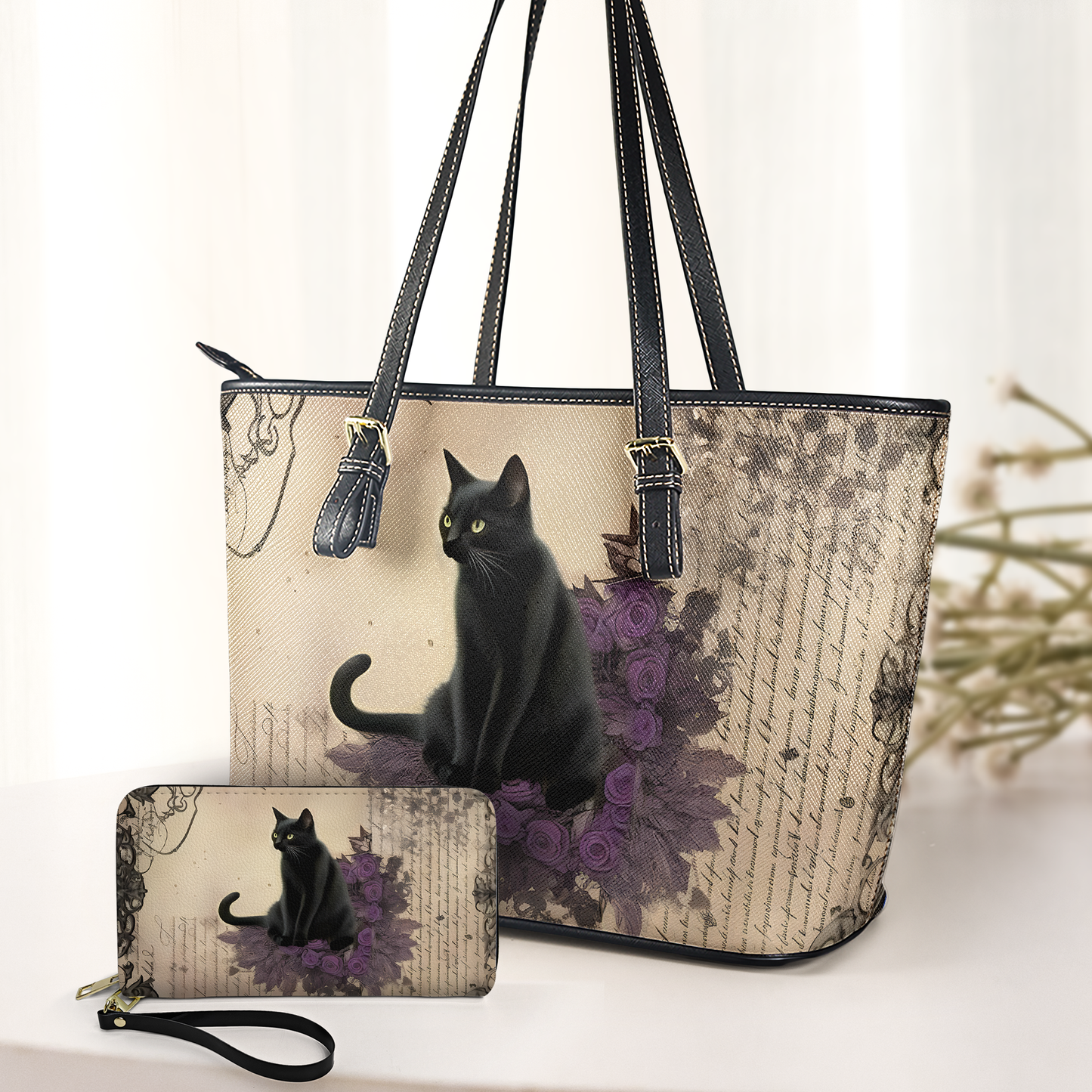 Mystic Black Cat Leather Handbag & Wallet Set