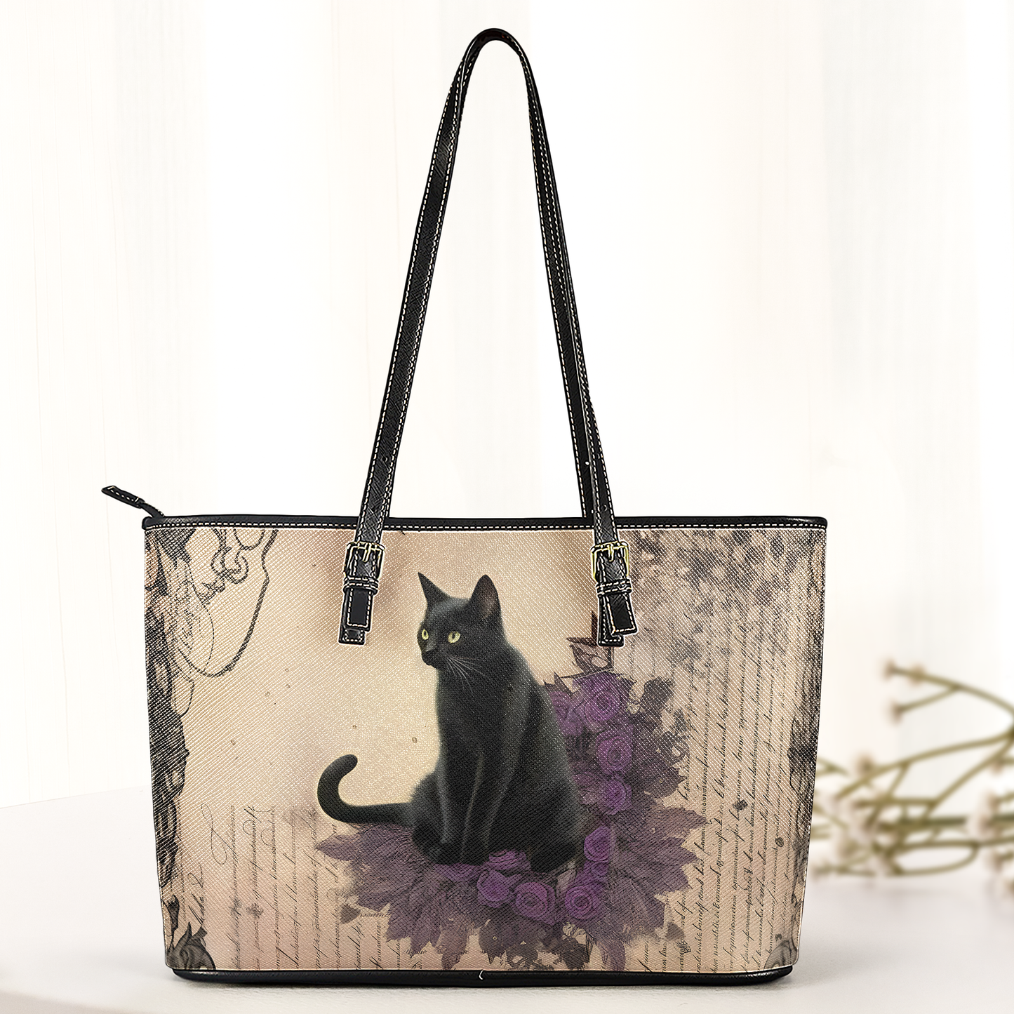 Mystic Black Cat Leather Handbag & Wallet Set