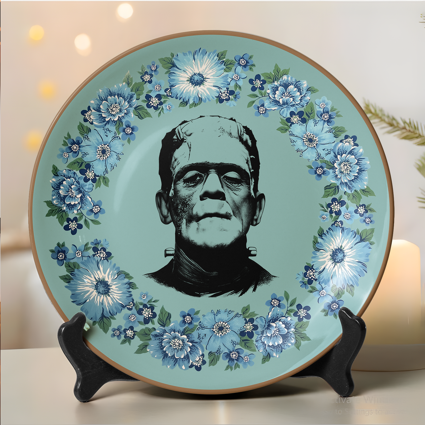 Frankenstein Floral Art Ceramic Plate – Gothic Literature Inspired Decor