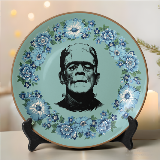 Frankenstein Floral Art Ceramic Plate – Gothic Literature Inspired Decor