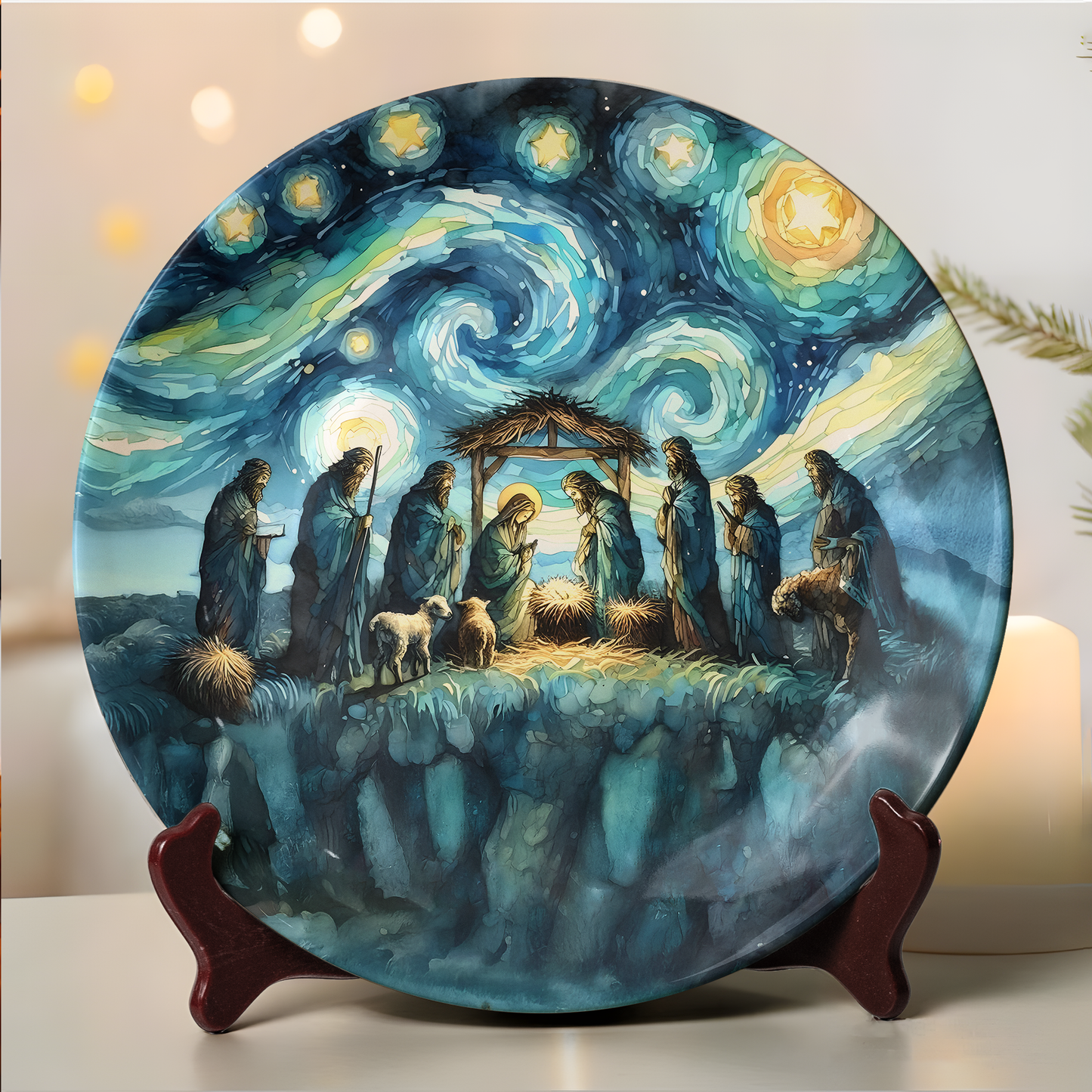 Starry Night Nativity Scene Decorative Plate - Van Gogh Inspired Religious Christmas Art Wall Decor
