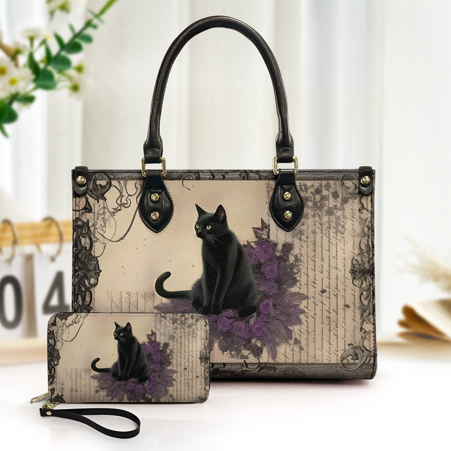 Mystic Black Cat Leather Handbag & Wallet Set