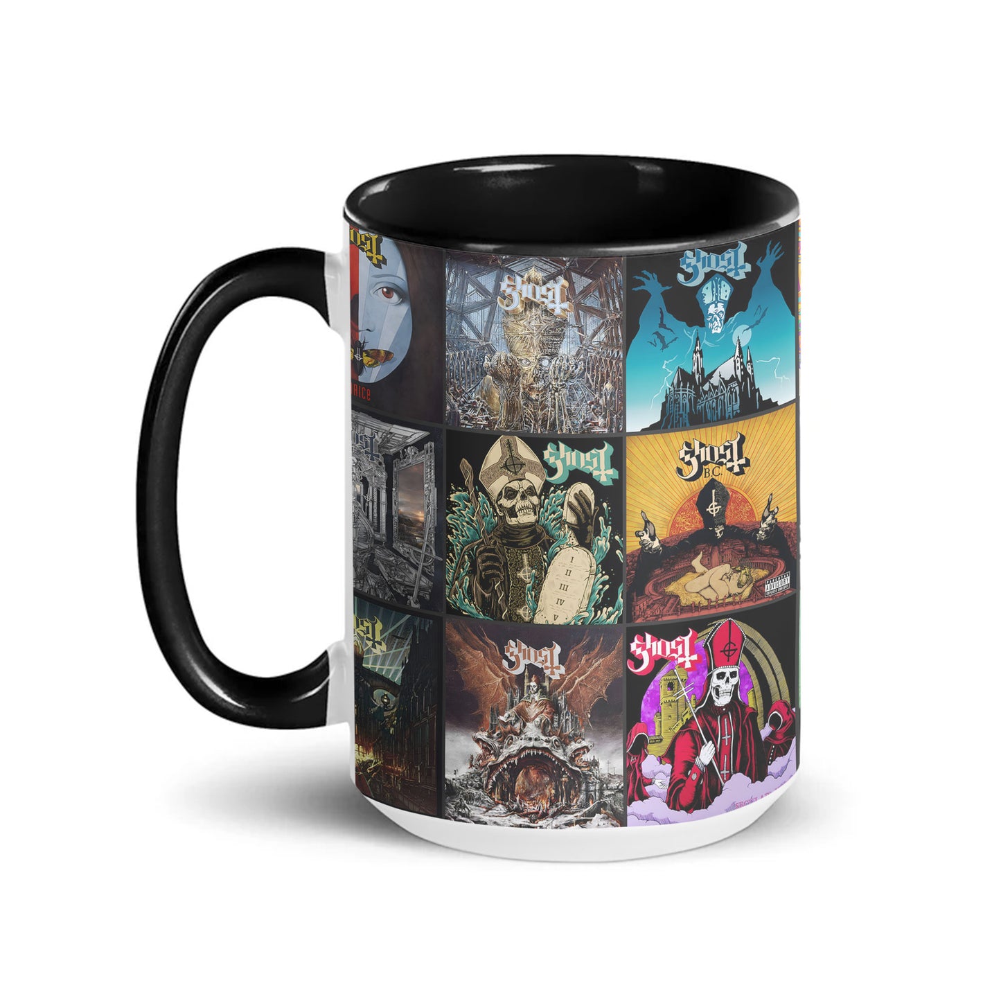 Ghost Band Accent Mug – Classic Album Cover Collage Gift for Metal Music Fans