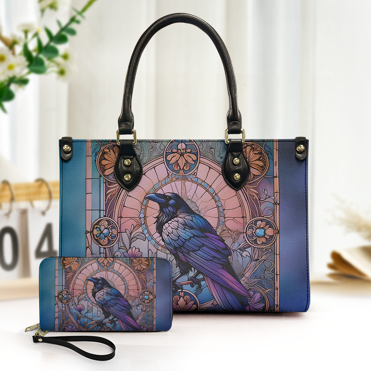 Gothic Stained Glass Raven Leather Handbag & Wallet Set