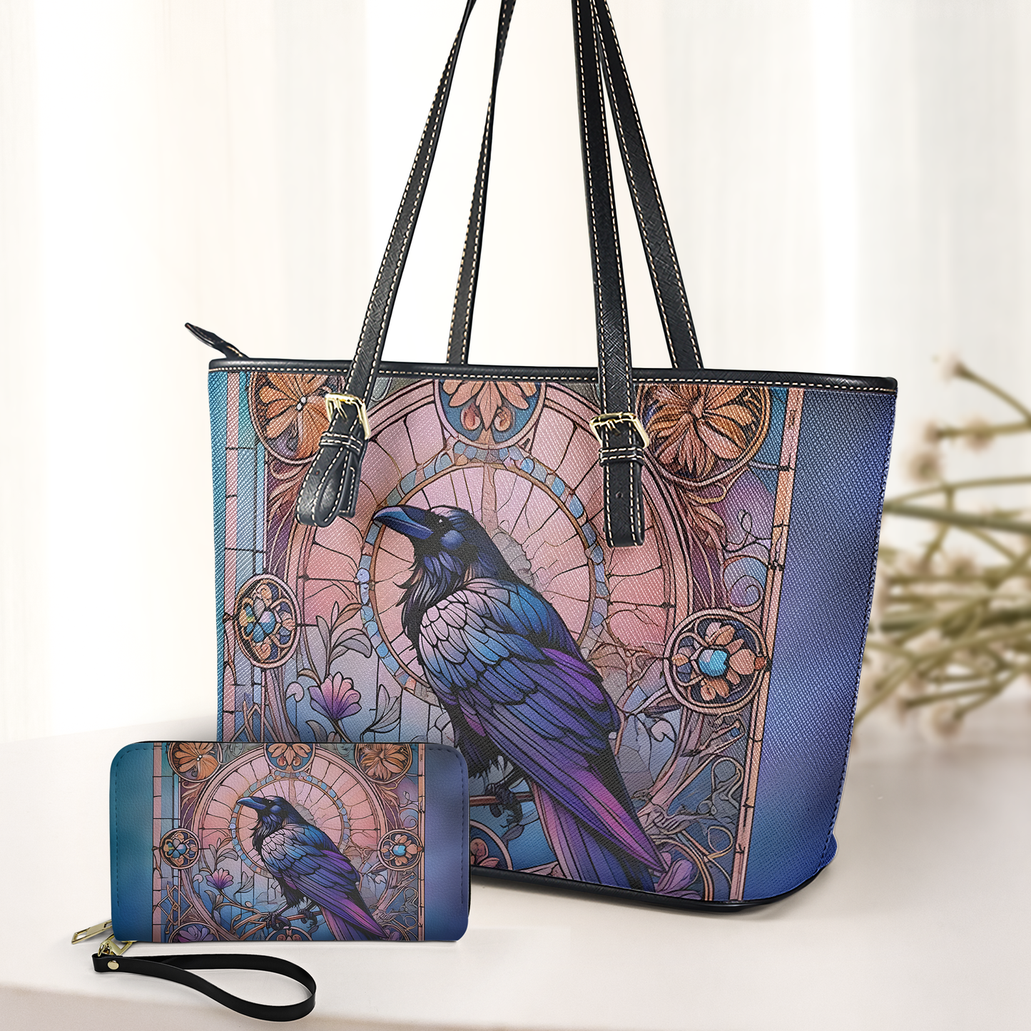 Gothic Stained Glass Raven Leather Handbag & Wallet Set