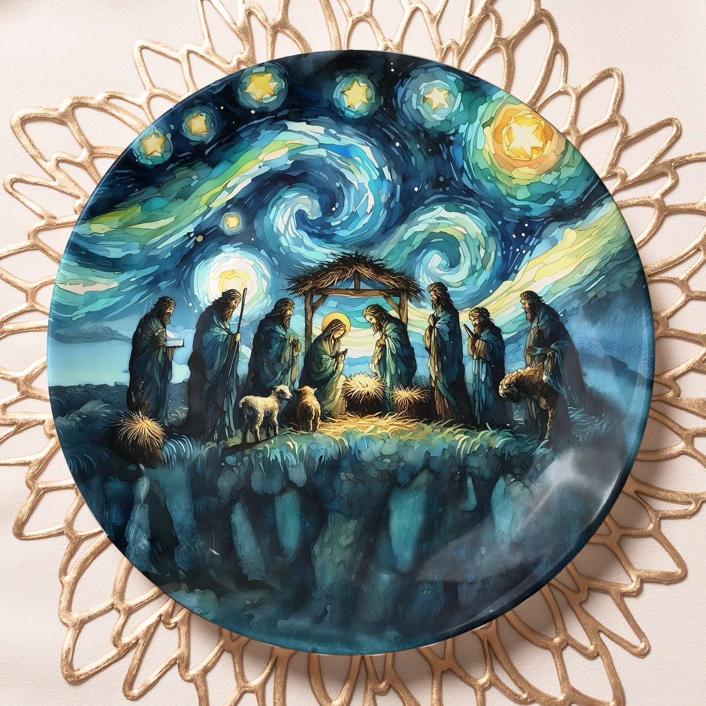 Starry Night Nativity Scene Decorative Plate - Van Gogh Inspired Religious Christmas Art Wall Decor
