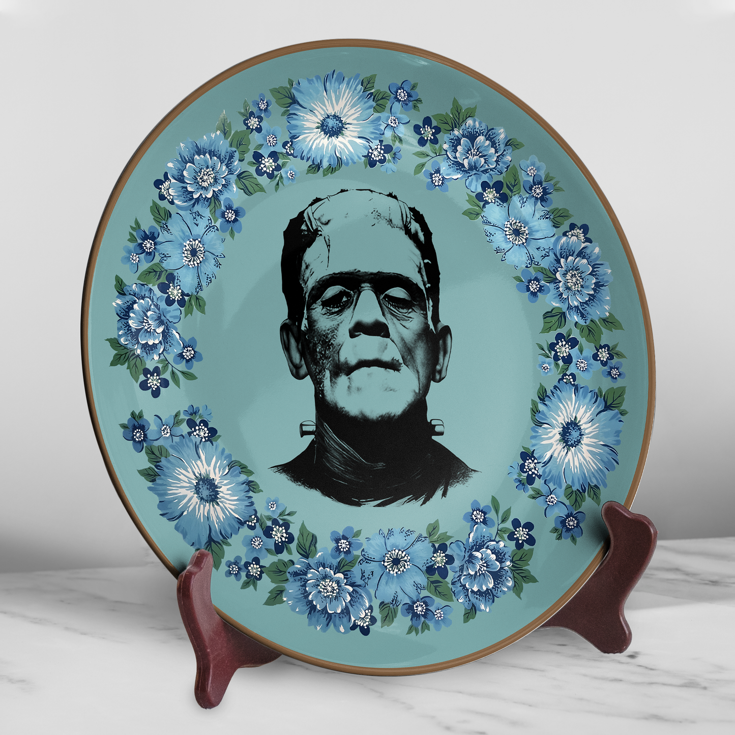 Frankenstein Floral Art Ceramic Plate – Gothic Literature Inspired Decor
