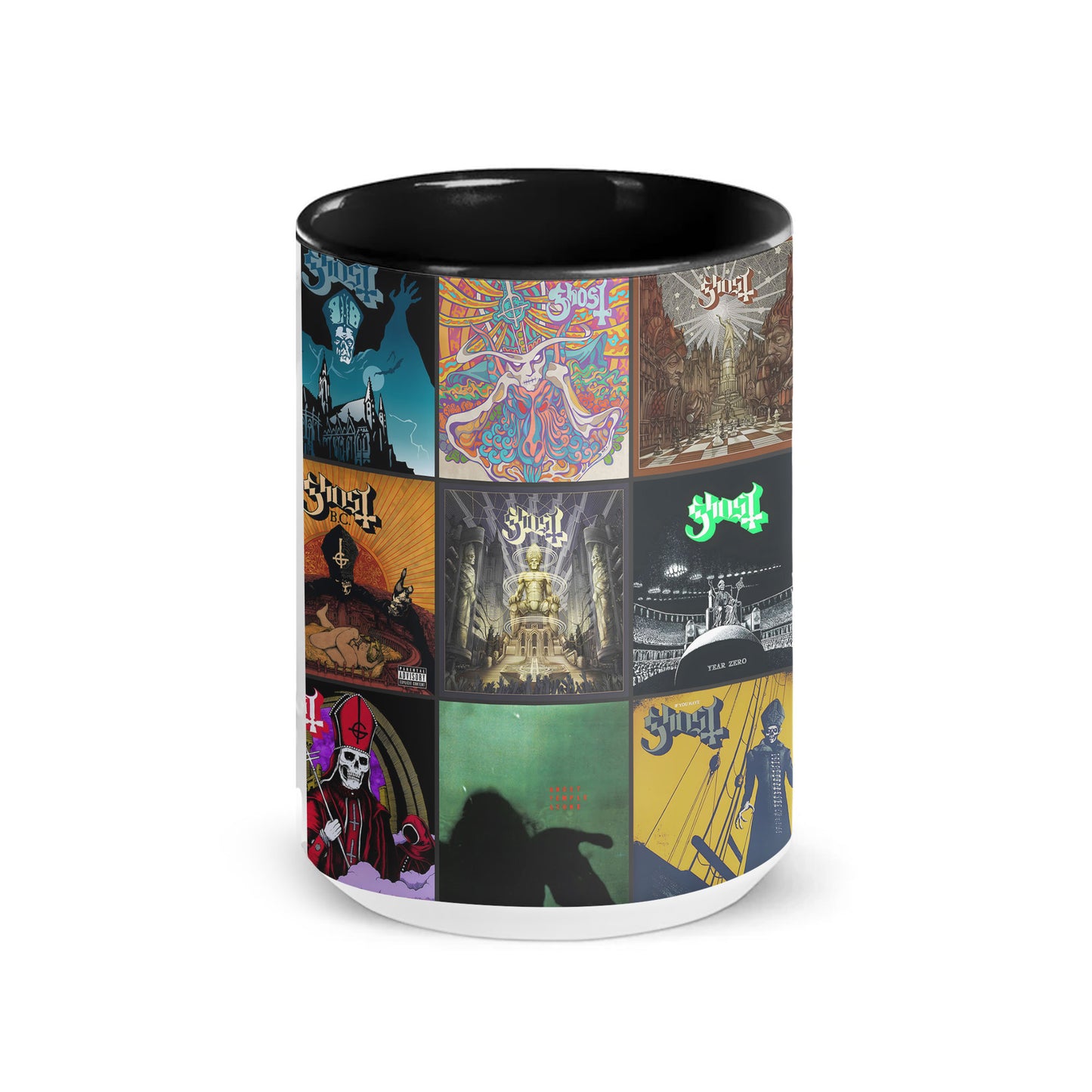 Ghost Band Accent Mug – Classic Album Cover Collage Gift for Metal Music Fans