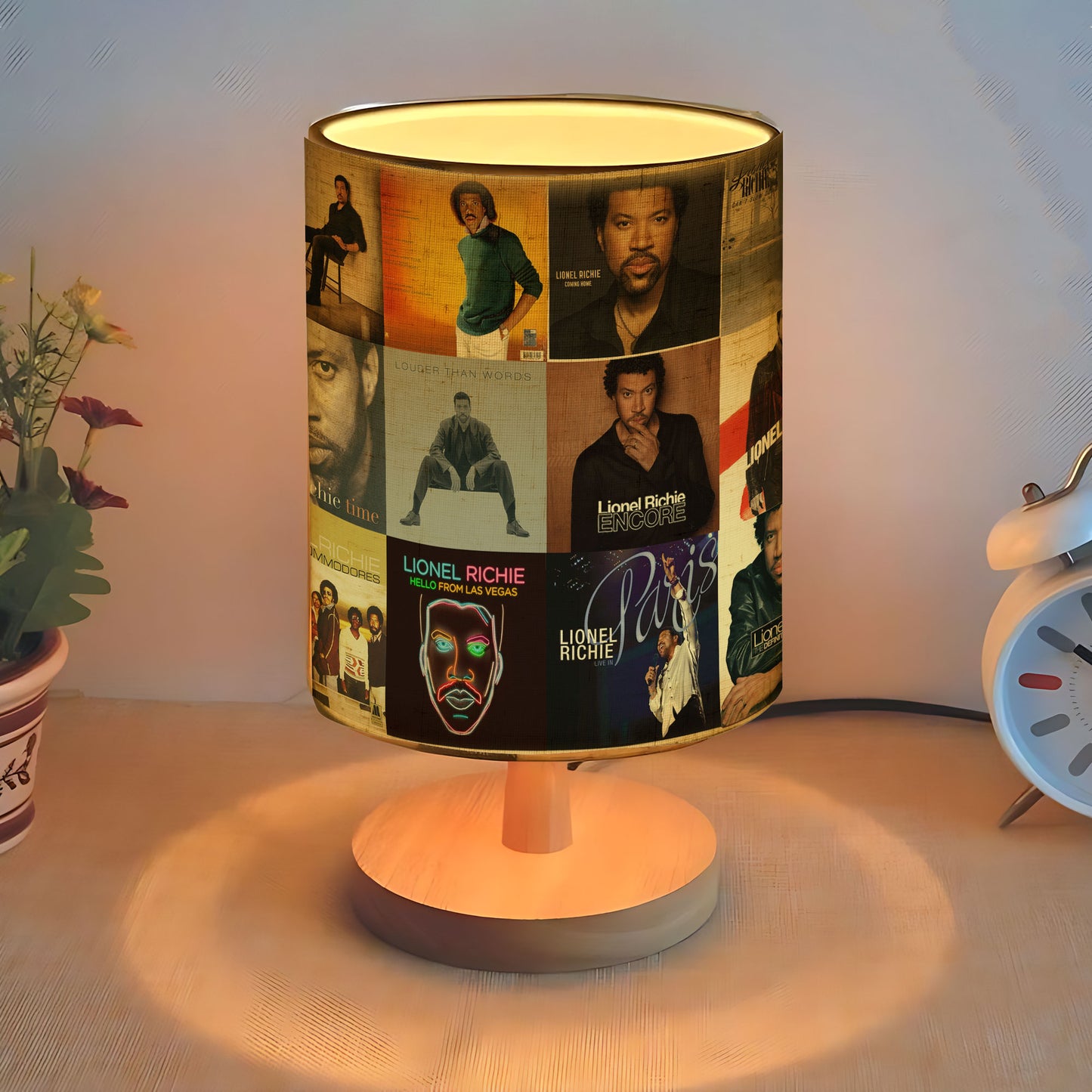 Lionel Richie Album Cover Collage Lamp - 80s Soul R&B Music Decor with Wood Base