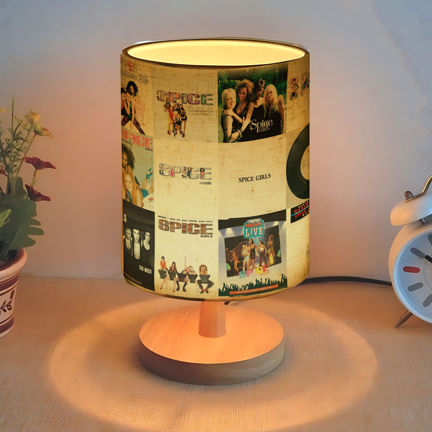Spice Girls Album Cover Collage Lamp - 90s Pop Music Decor with Wood Base