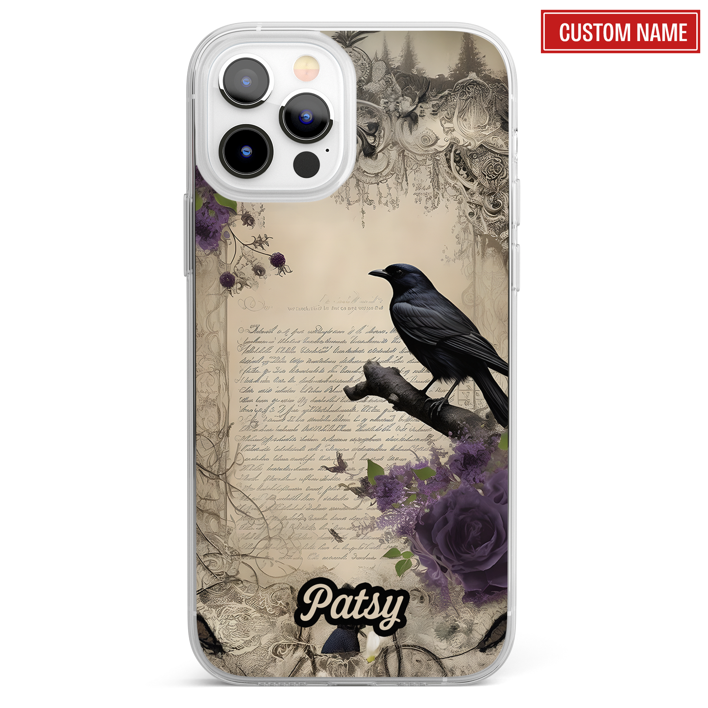 Custom Gothic Raven Phone Case – Dark Fantasy Crow with Vintage Script & Purple Roses