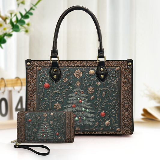 Elegant Holiday Leather Handbag & Wallet Set – Festive Tree Design