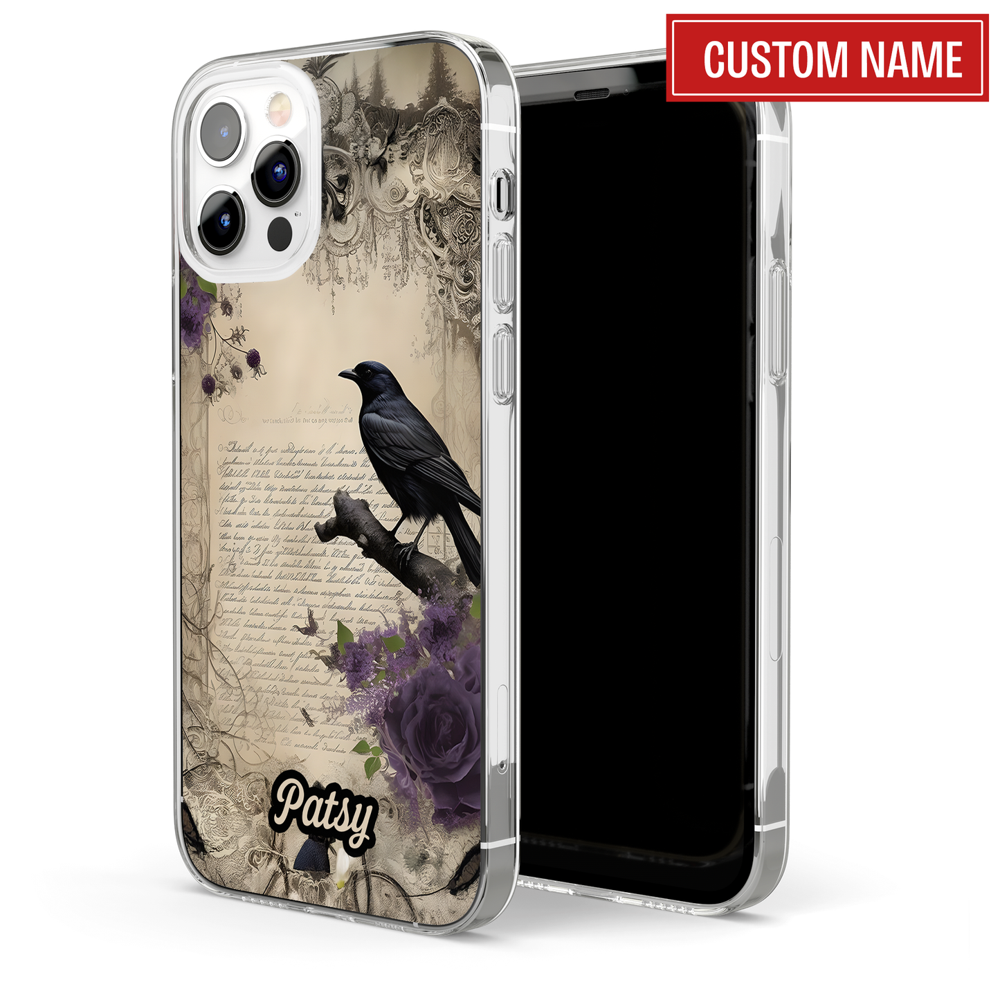 Custom Gothic Raven Phone Case – Dark Fantasy Crow with Vintage Script & Purple Roses
