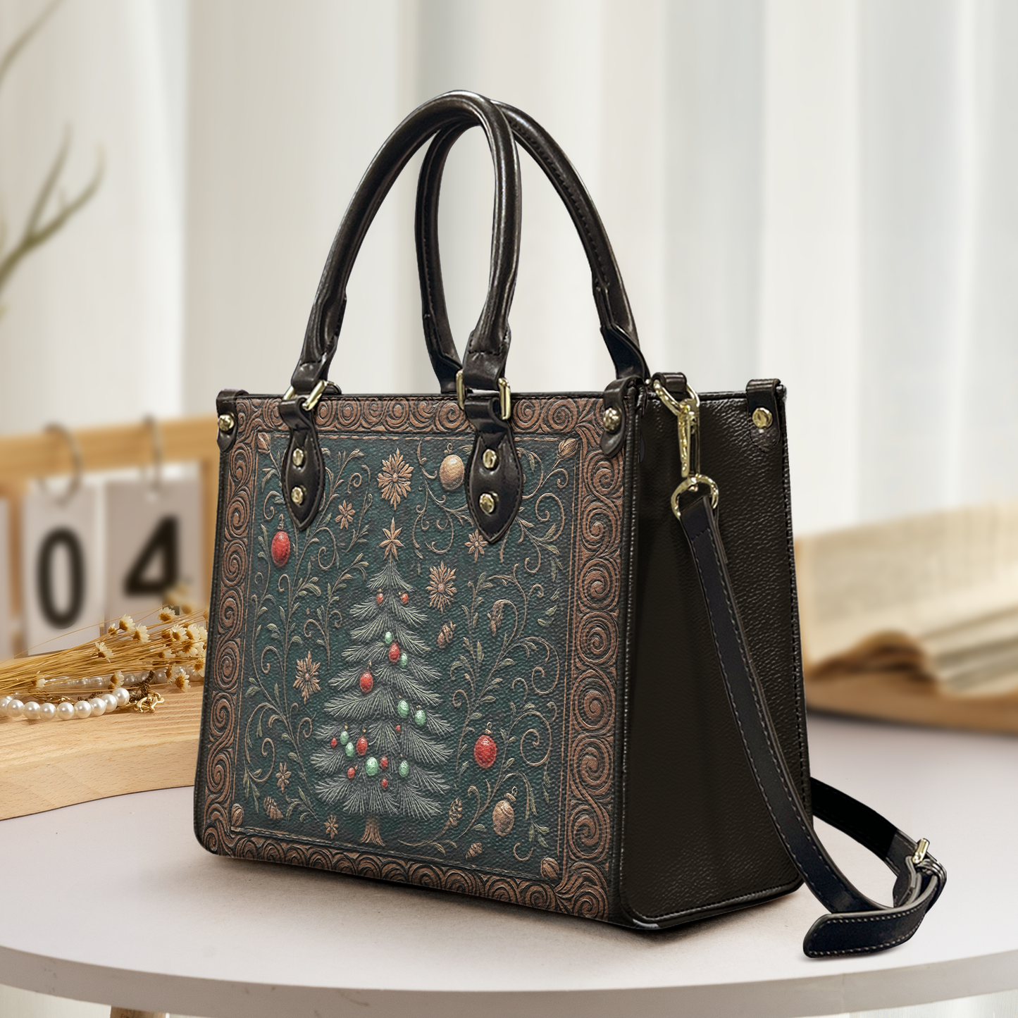 Elegant Holiday Leather Handbag & Wallet Set – Festive Tree Design