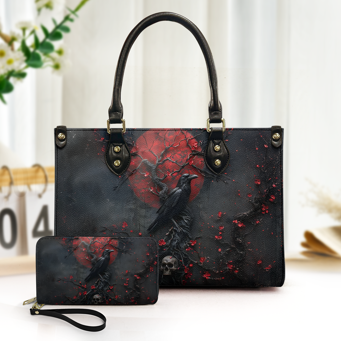 Blood Moon Raven Leather Handbag & Wallet Set