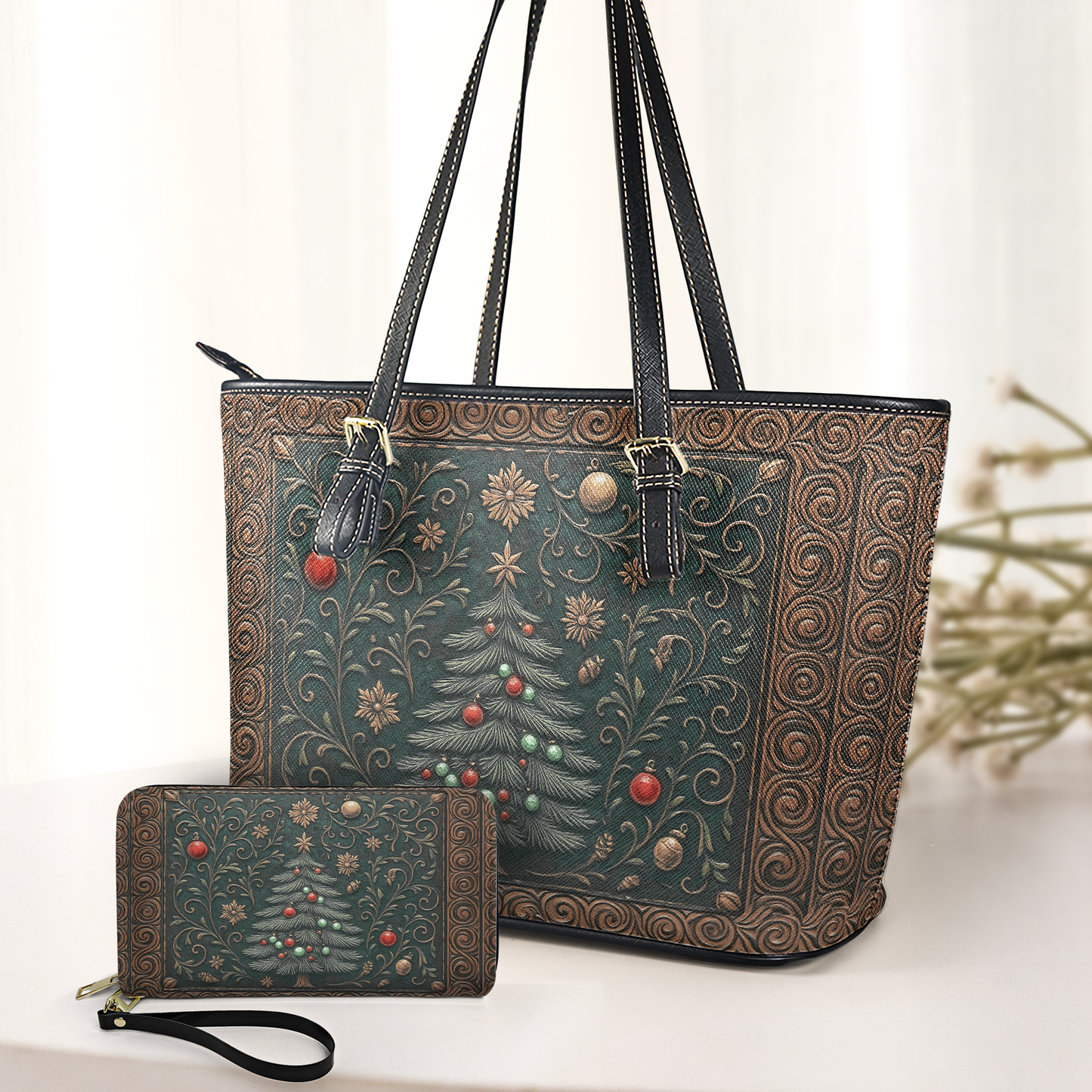 Elegant Holiday Leather Handbag & Wallet Set – Festive Tree Design