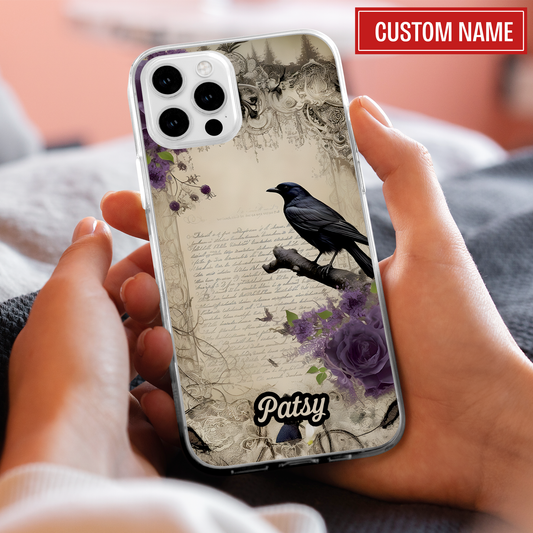 Custom Gothic Raven Phone Case – Dark Fantasy Crow with Vintage Script & Purple Roses