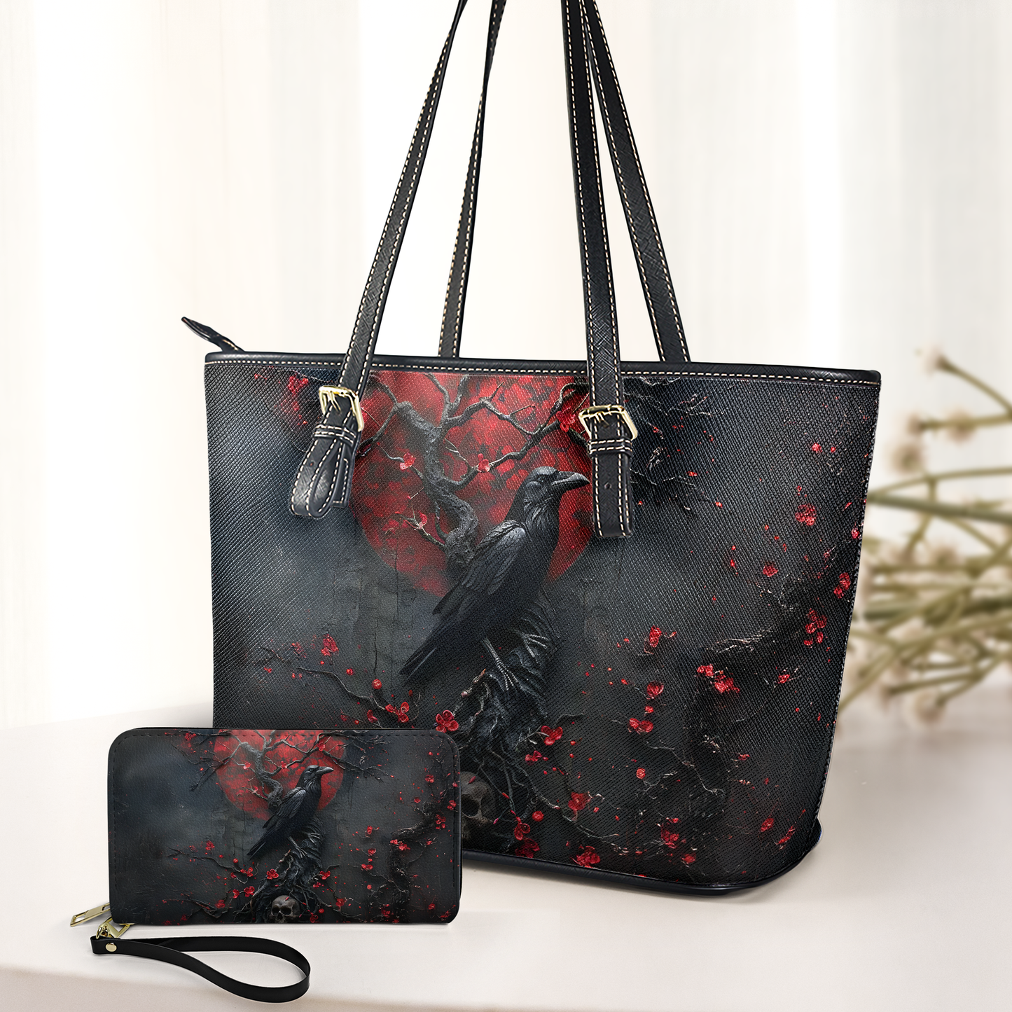 Blood Moon Raven Leather Handbag & Wallet Set