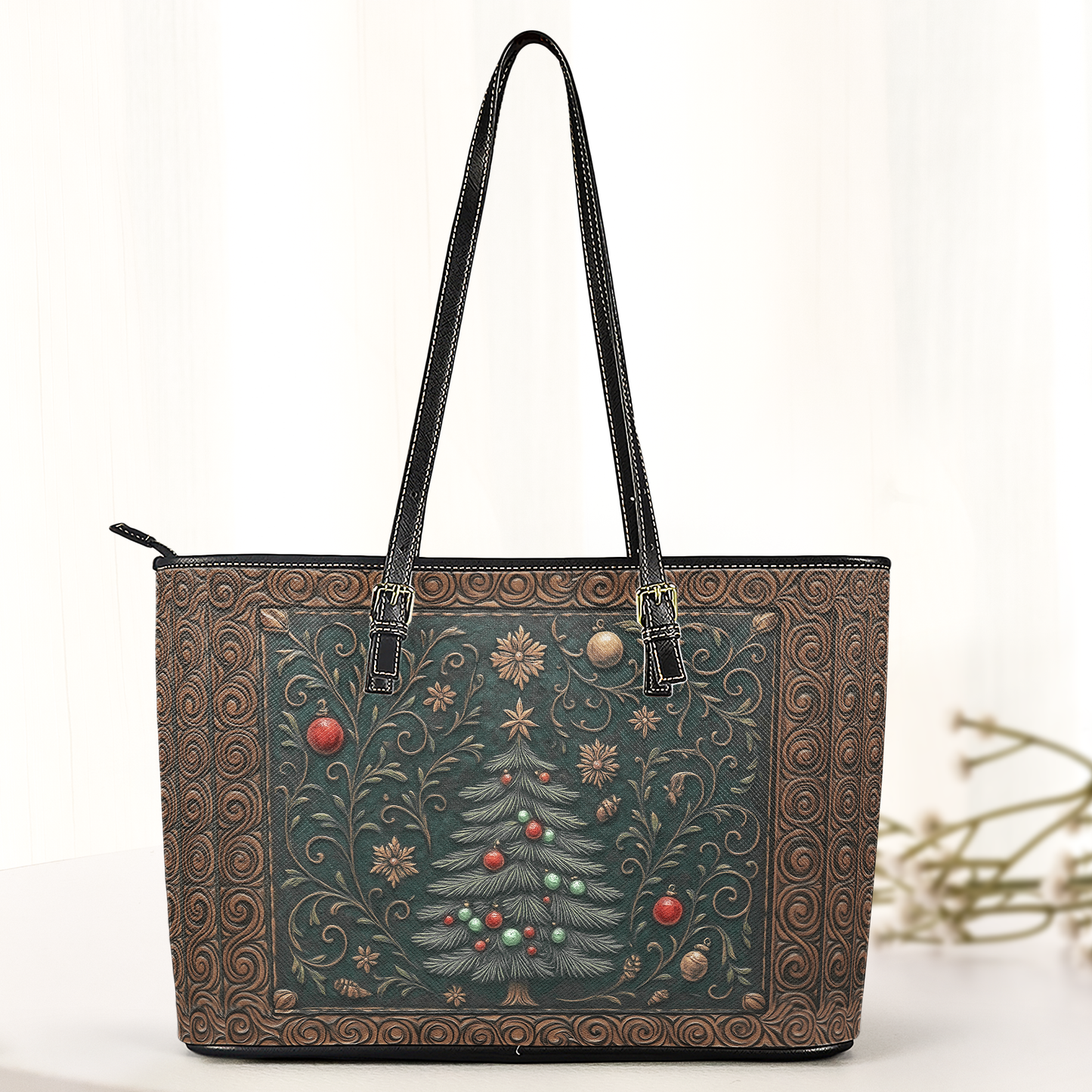 Elegant Holiday Leather Handbag & Wallet Set – Festive Tree Design