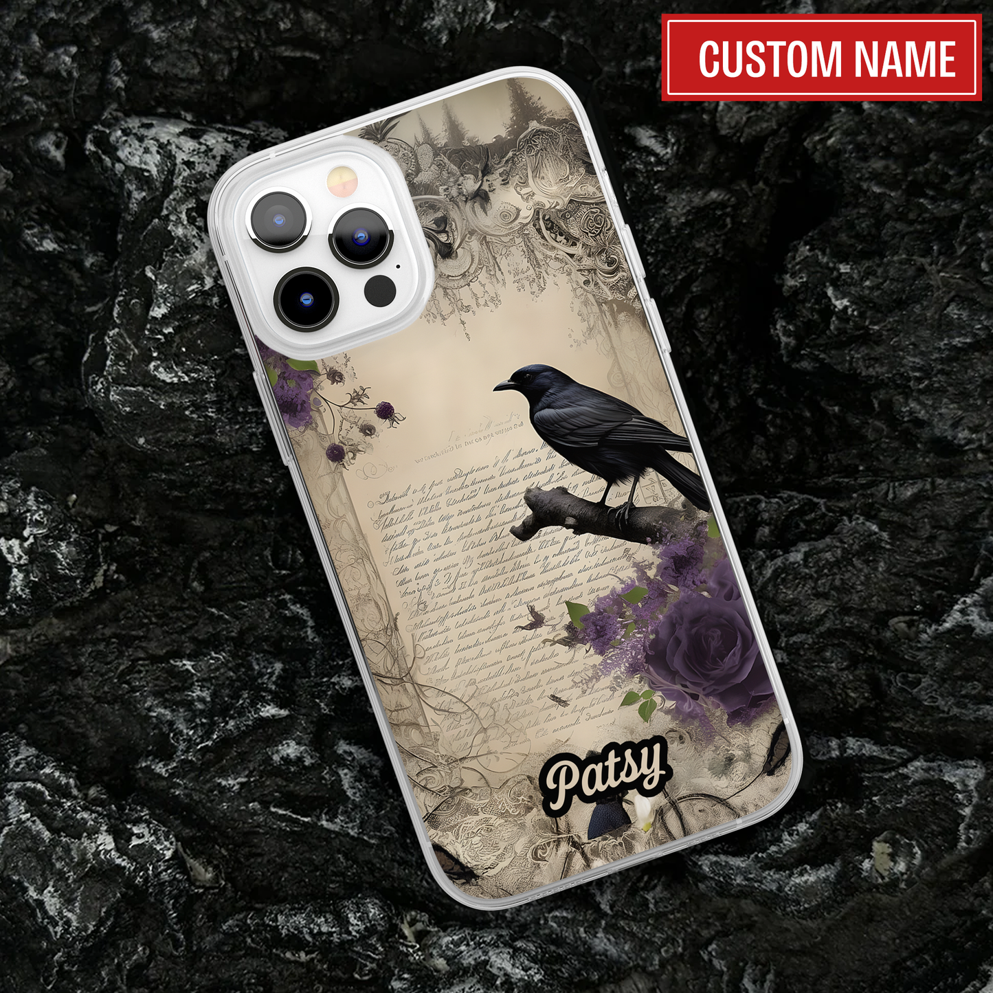 Custom Gothic Raven Phone Case – Dark Fantasy Crow with Vintage Script & Purple Roses
