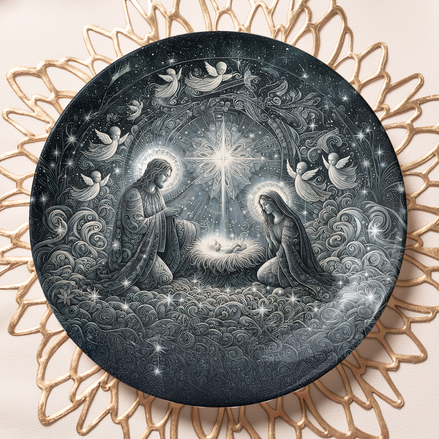 Celestial Nativity Scene Decorative Plate - Religious Christmas Art Wall Decor with Angels and Holy Family