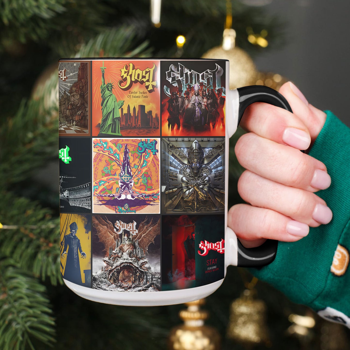 Ghost Band Accent Mug – Classic Album Cover Collage Gift for Metal Music Fans