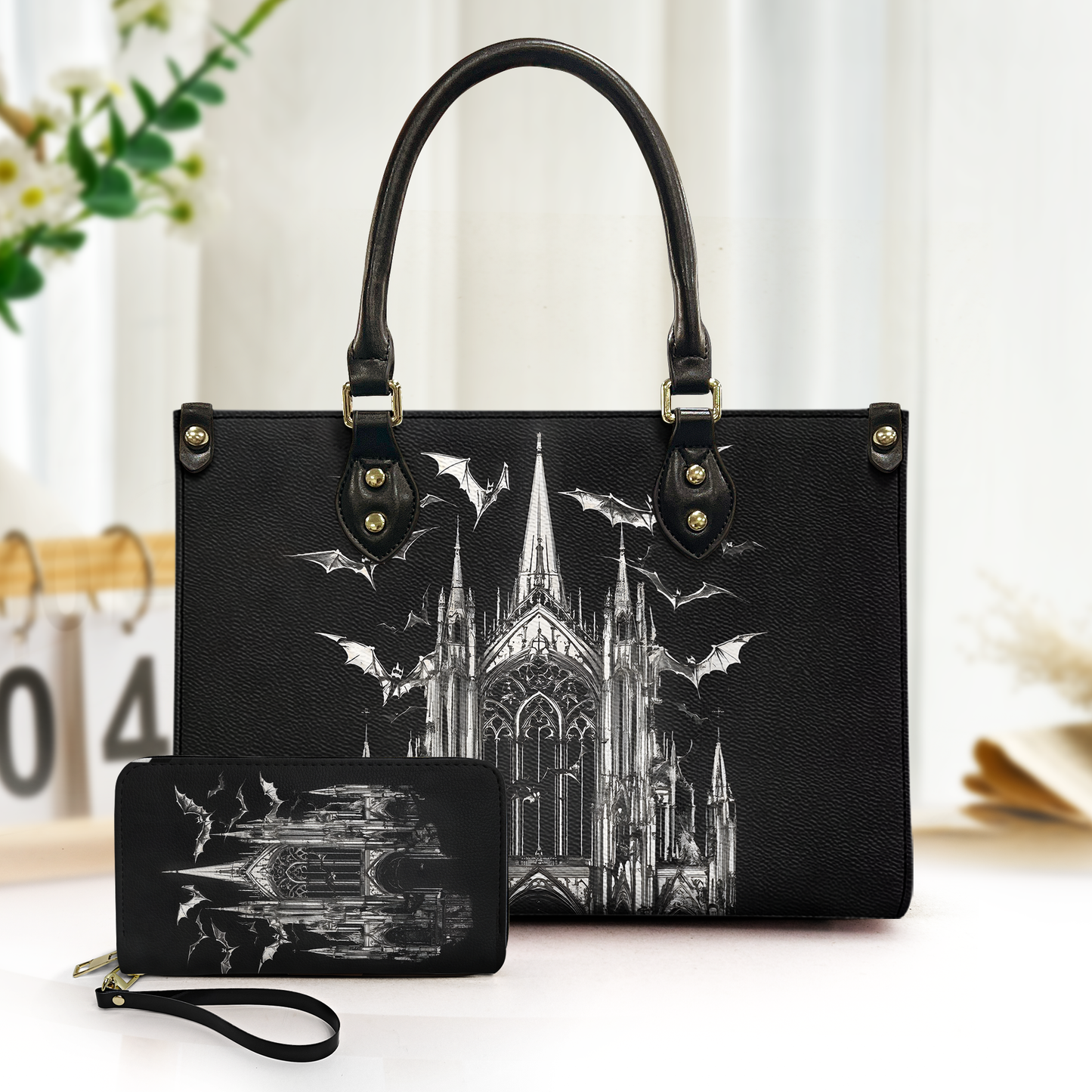 Gothic Cathedral & Bats Leather Handbag & Wallet Set