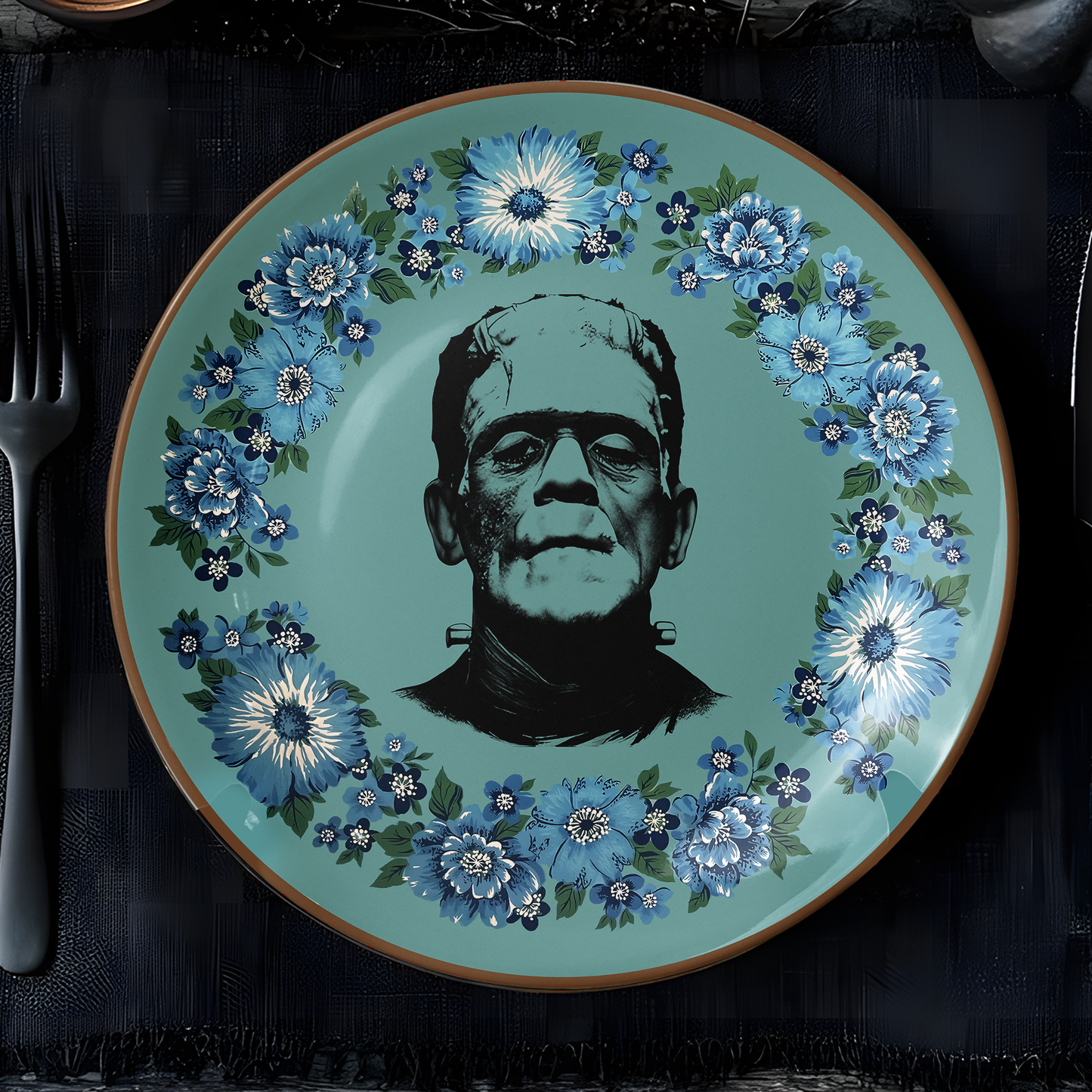 Frankenstein Floral Art Ceramic Plate – Gothic Literature Inspired Decor