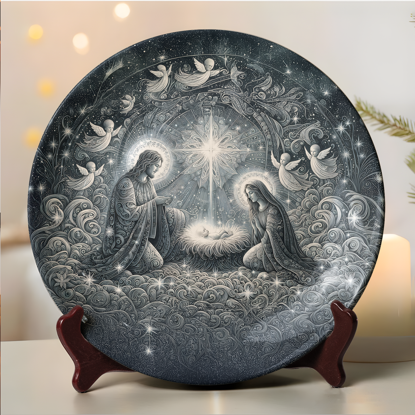 Celestial Nativity Scene Decorative Plate - Religious Christmas Art Wall Decor with Angels and Holy Family