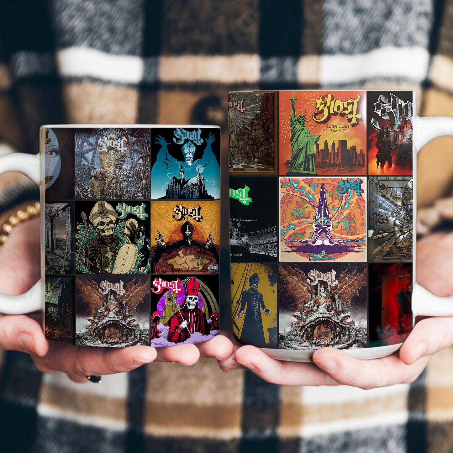 Ghost Band Accent Mug – Classic Album Cover Collage Gift for Metal Music Fans