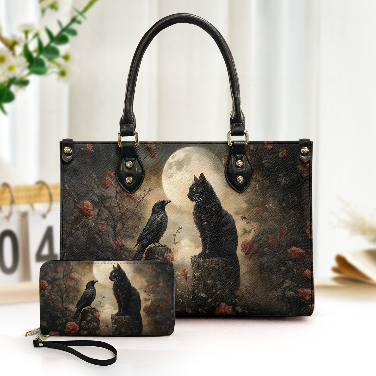 Mystic Moon Black Cat & Raven Gothic Leather Handbag with Wallet