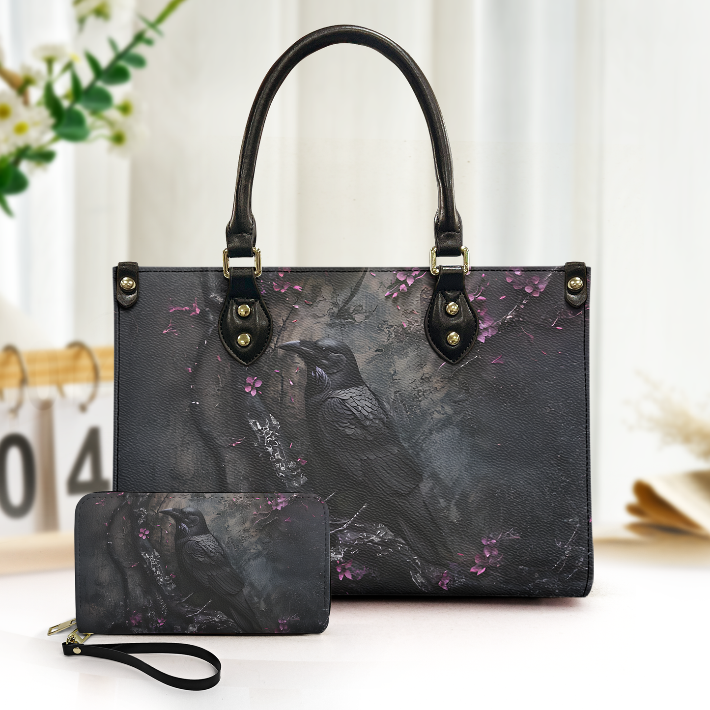 Raven Gothic Leather Handbag & Wallet Set-Dark Elegance with Enchanted Floral Accents