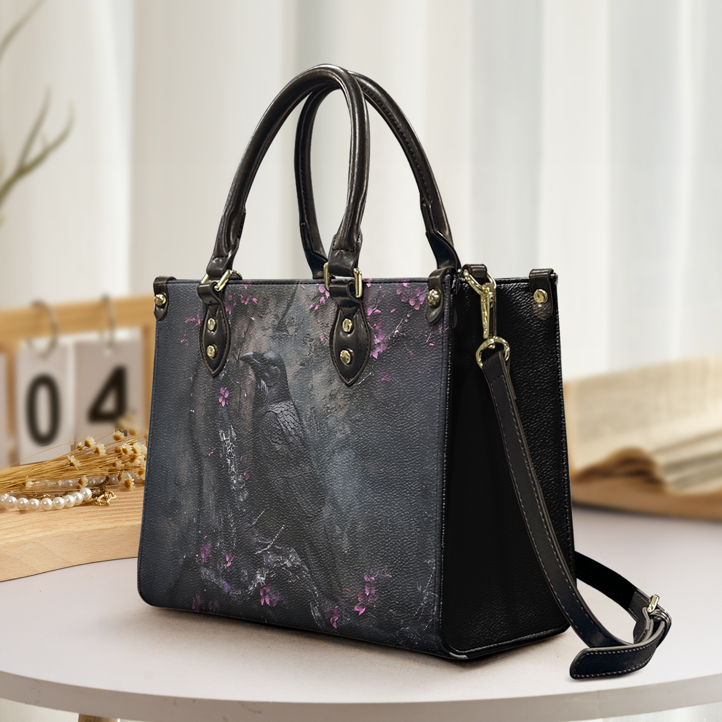 Raven Gothic Leather Handbag & Wallet Set-Dark Elegance with Enchanted Floral Accents