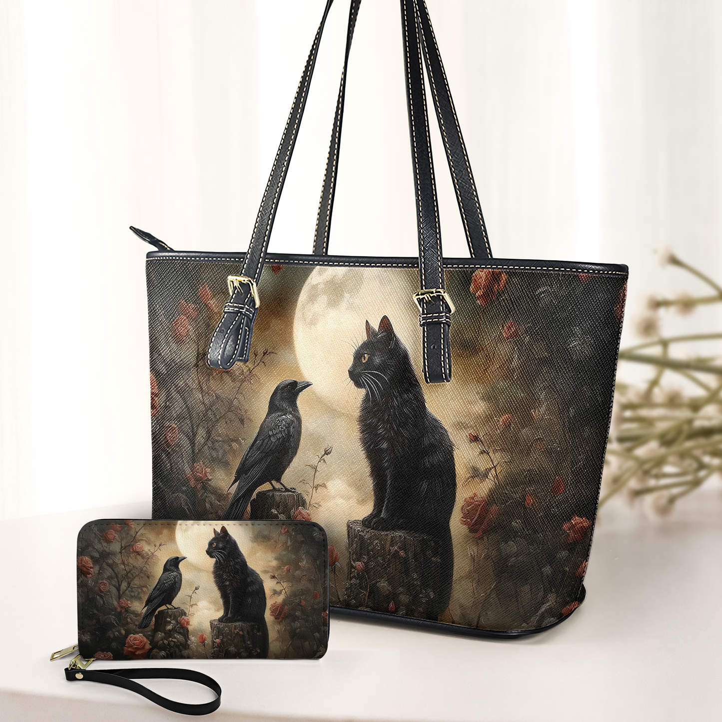 Mystic Moon Black Cat & Raven Gothic Leather Handbag with Wallet