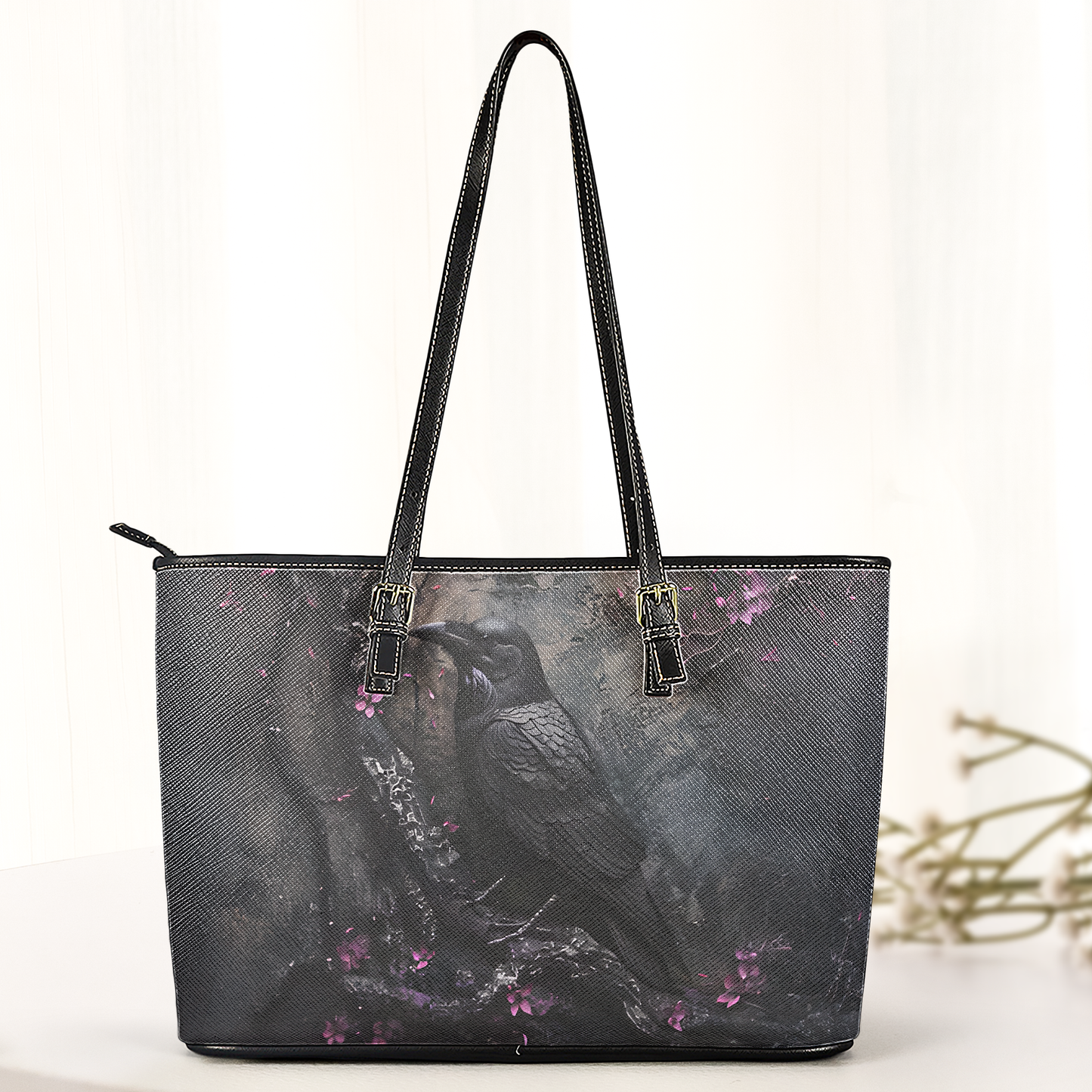Raven Gothic Leather Handbag & Wallet Set-Dark Elegance with Enchanted Floral Accents