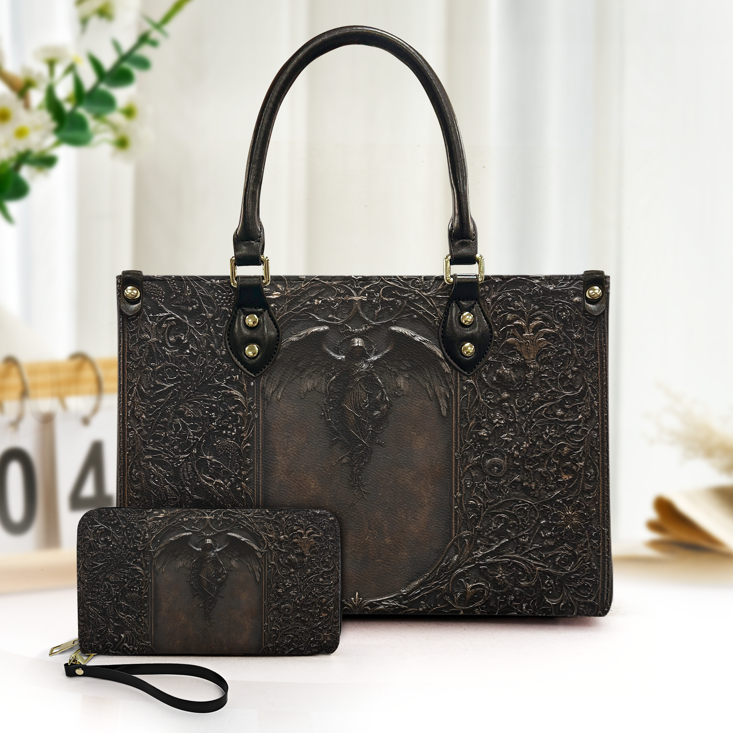 Gothic Angel Leather Handbag & Wallet Set