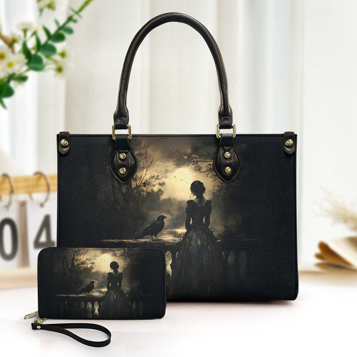 Gothic Lady & Raven Leather Handbag & Wallet Set – Dark Romantic Fantasy Style