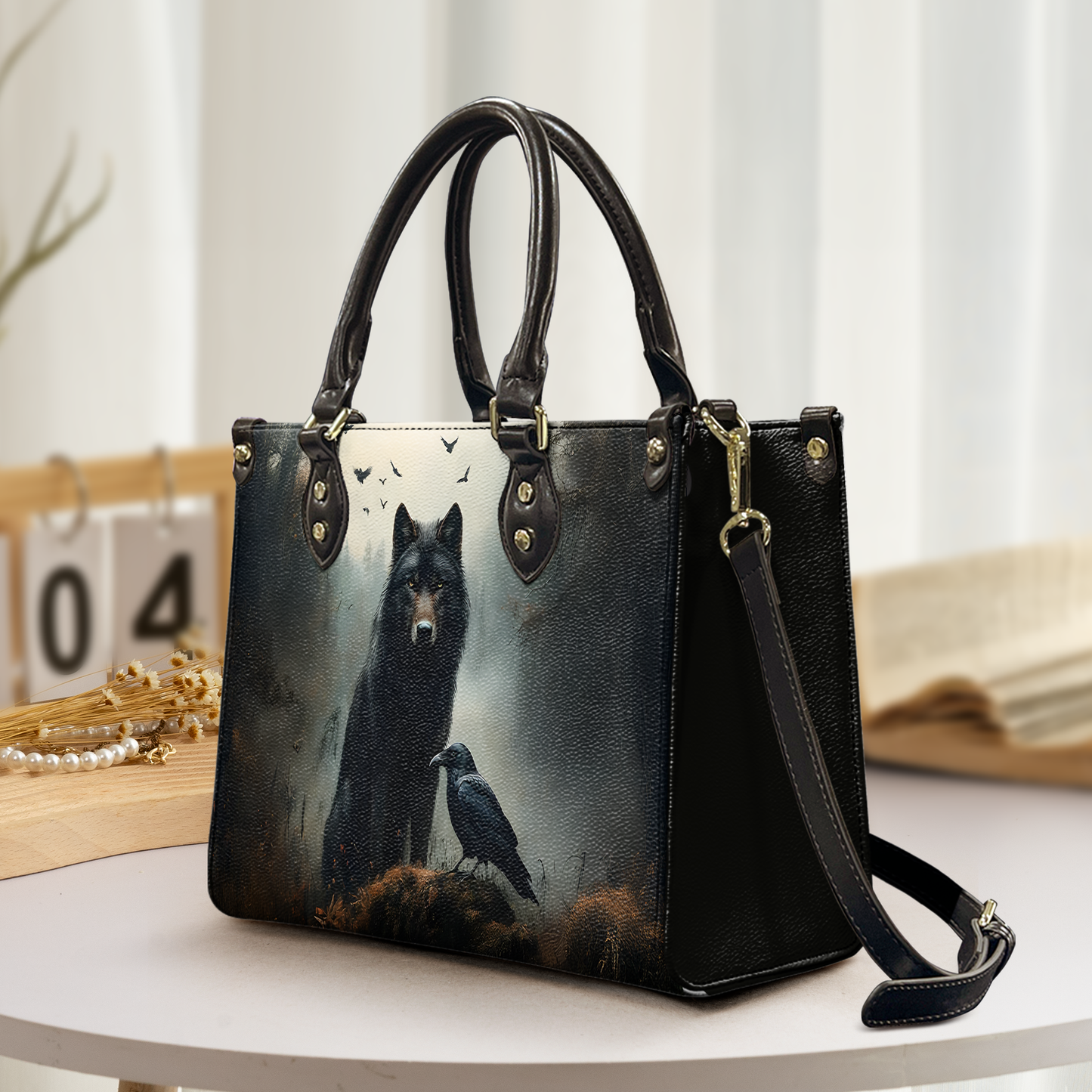 Mystic Wolf and Raven Leather Handbag with Gothic Forest Design