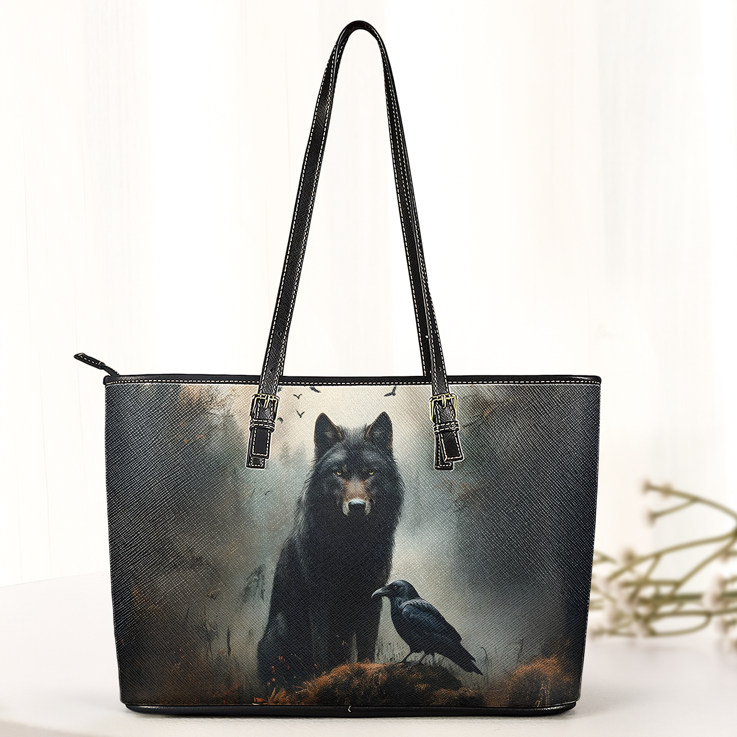 Mystic Wolf and Raven Leather Handbag with Gothic Forest Design