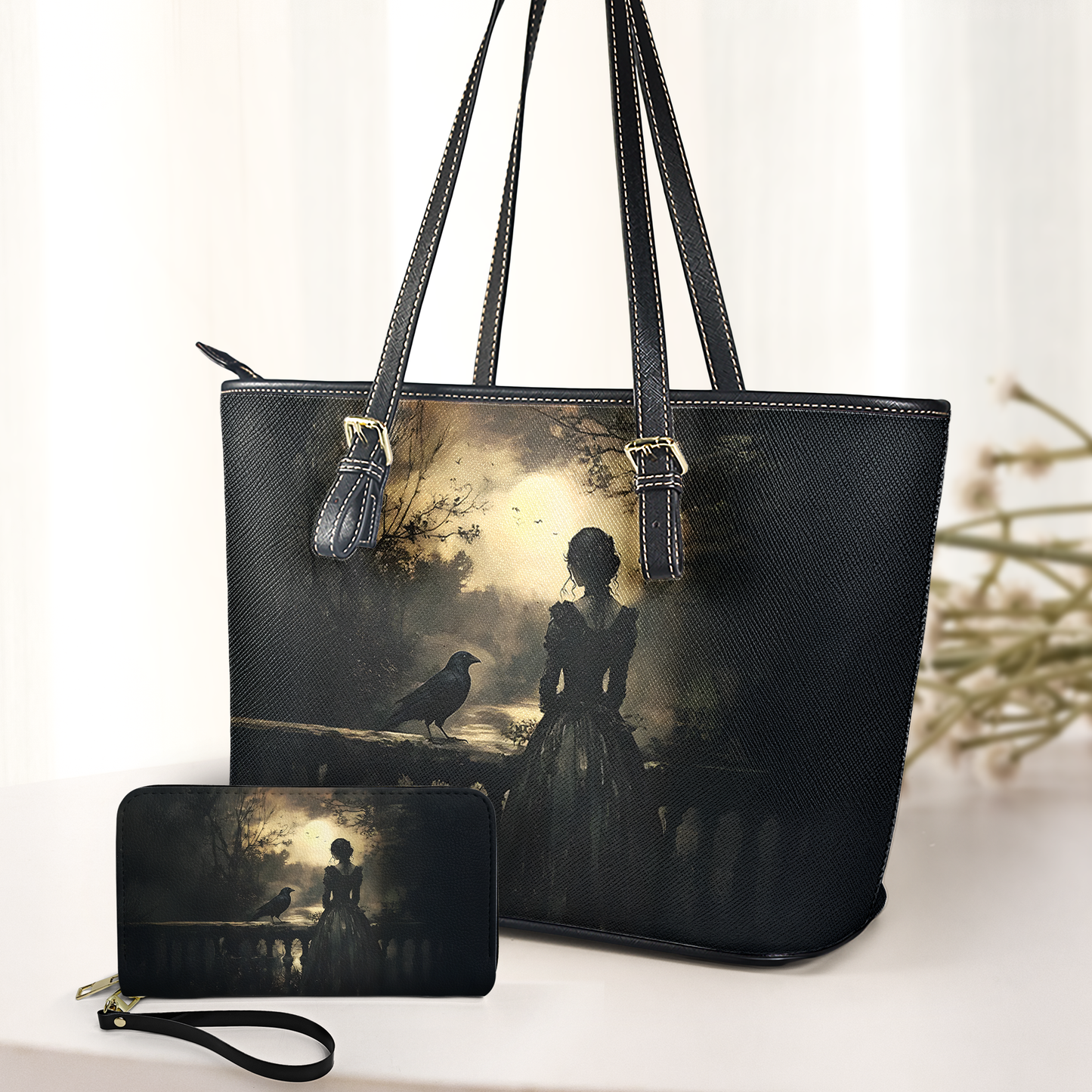 Gothic Lady & Raven Leather Handbag & Wallet Set – Dark Romantic Fantasy Style