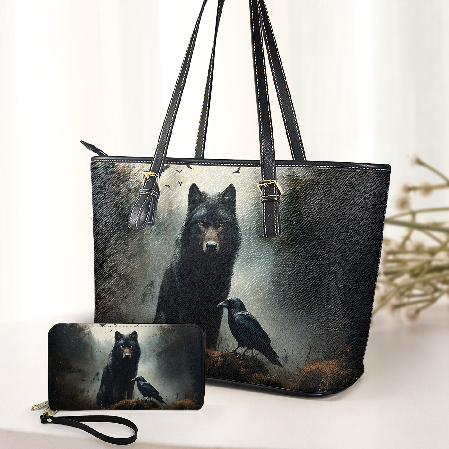Mystic Wolf and Raven Leather Handbag with Gothic Forest Design