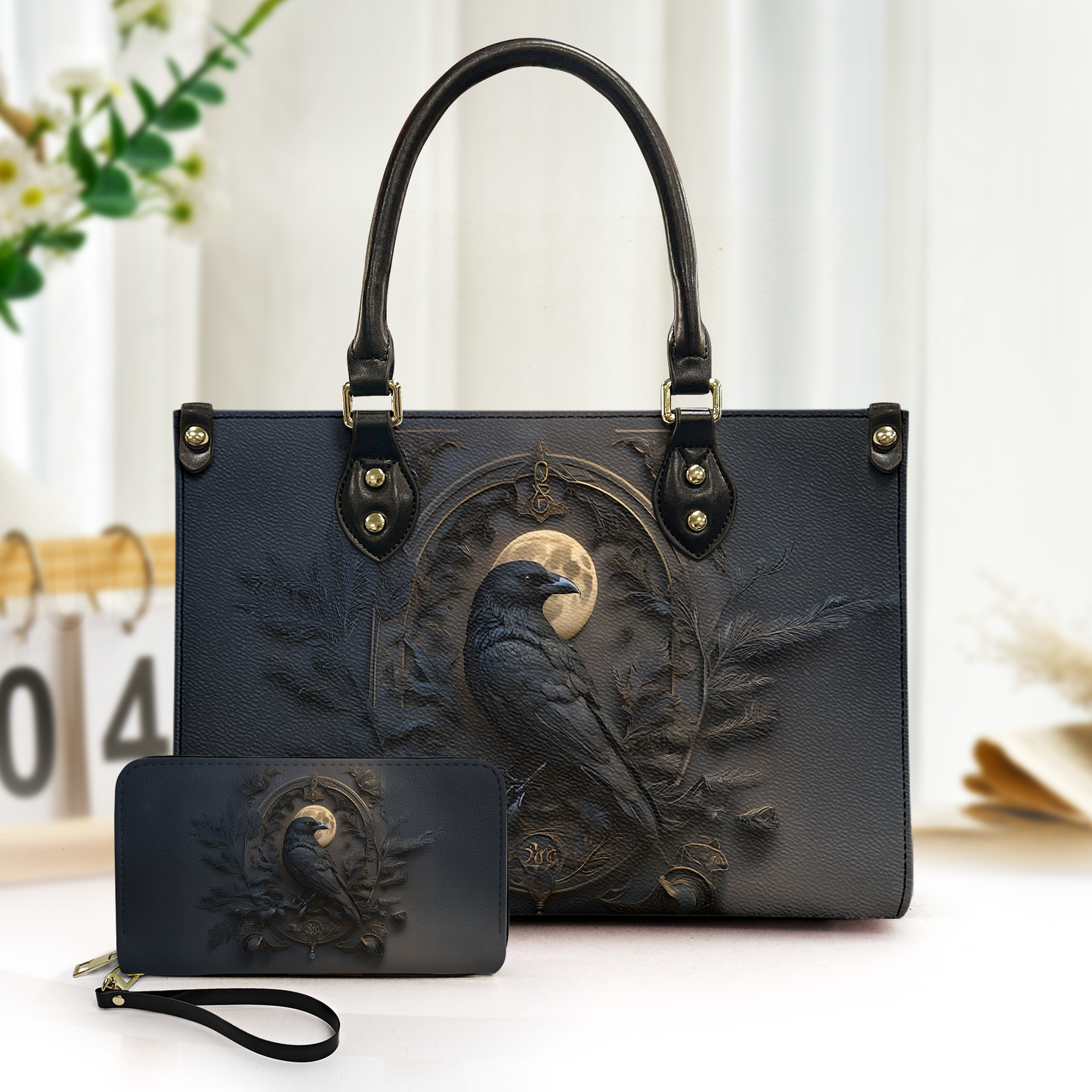 Gothic Raven & Moon Leather Handbag & Wallet Set – Dark Fantasy Elegance