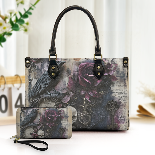 Gothic Rose & Raven Leather Handbag with Vintage Skull and Key Accents