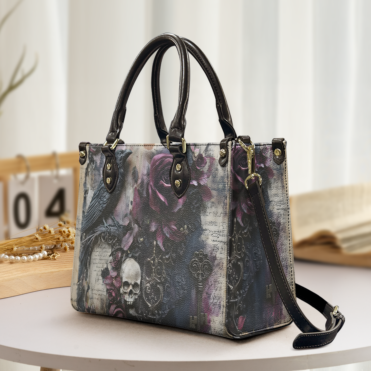 Gothic Rose & Raven Leather Handbag with Vintage Skull and Key Accents