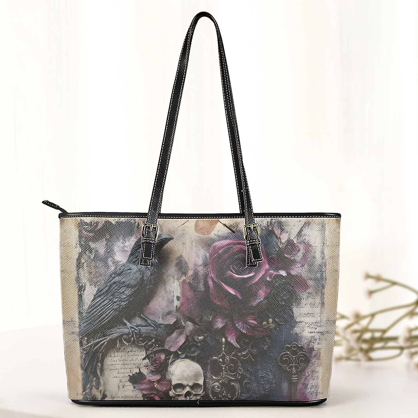 Gothic Rose & Raven Leather Handbag with Vintage Skull and Key Accents