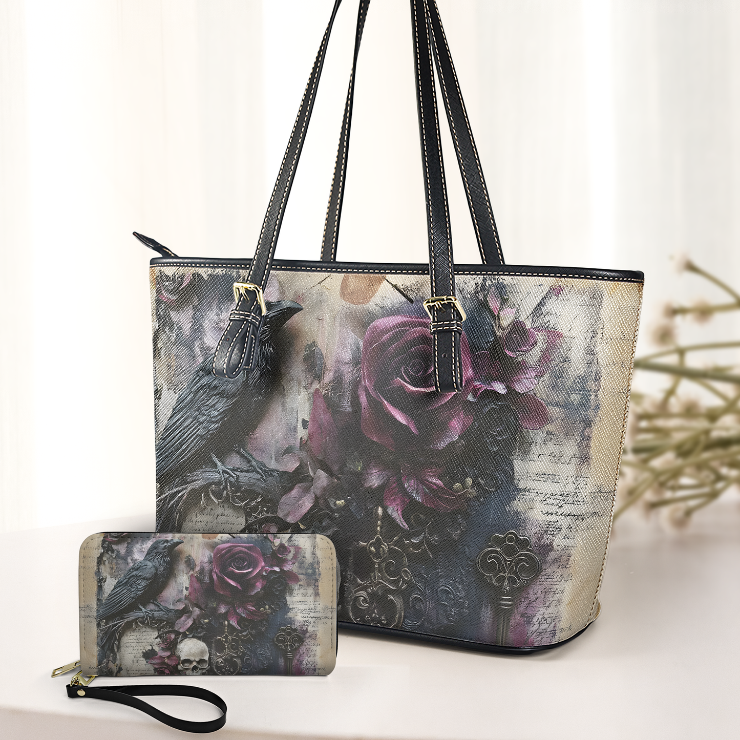 Gothic Rose & Raven Leather Handbag with Vintage Skull and Key Accents
